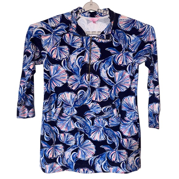 Lilly Pulitzer UPF 50+ Active Half Zip Long Sleeve Dress Blue Pink XL Fish Beach - Picture 1 of 8